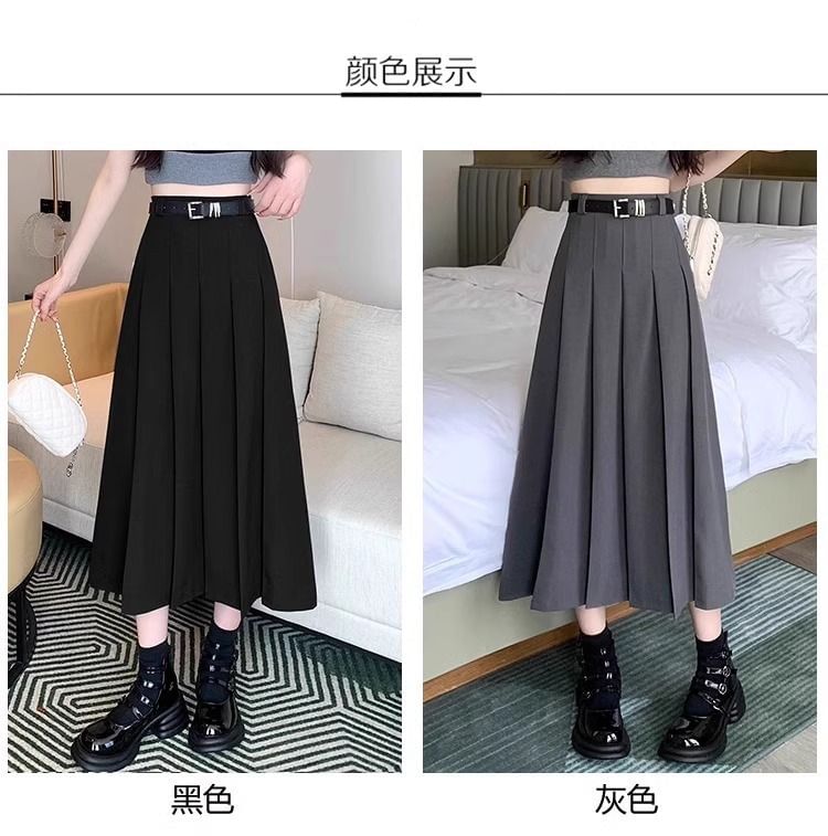 Pleated Midi A-Line Skirt with High Waist Plain Design