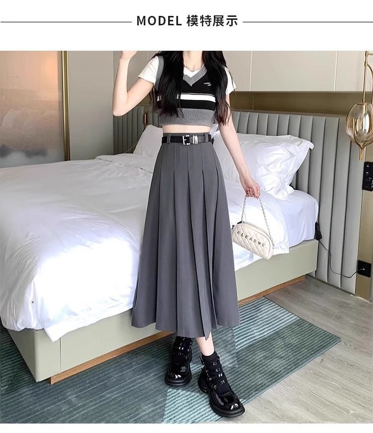 Pleated Midi A-Line Skirt with High Waist Plain Design