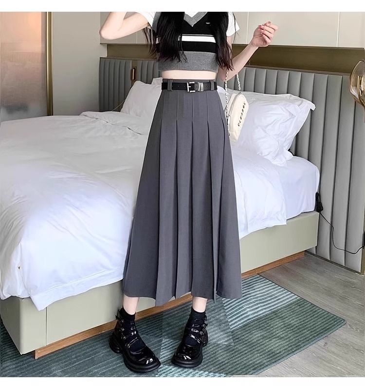 Pleated Midi A-Line Skirt with High Waist Plain Design
