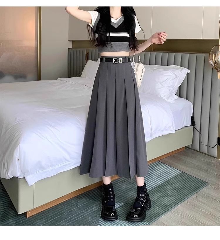 Pleated Midi A-Line Skirt with High Waist Plain Design
