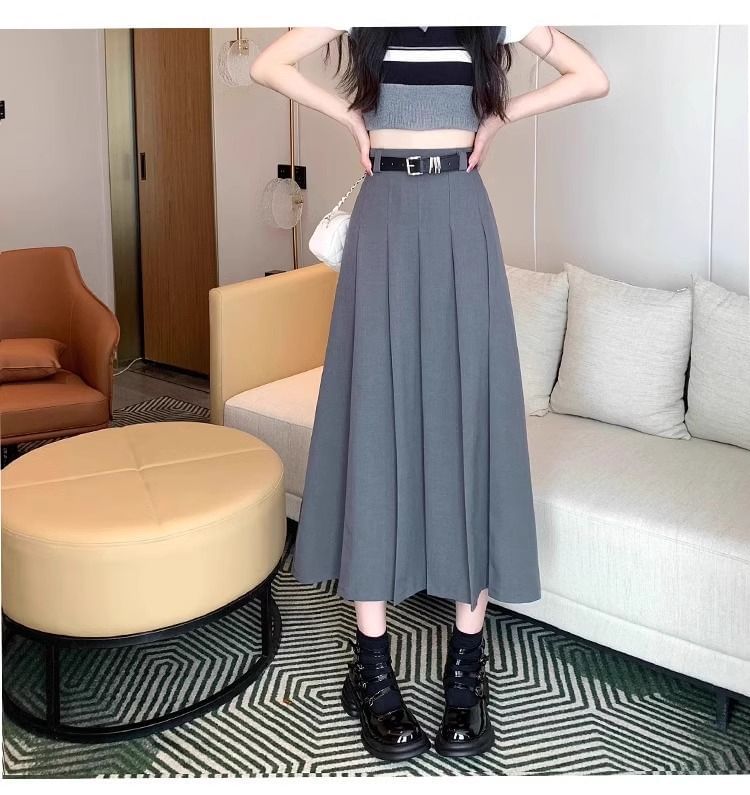 Pleated Midi A-Line Skirt with High Waist Plain Design