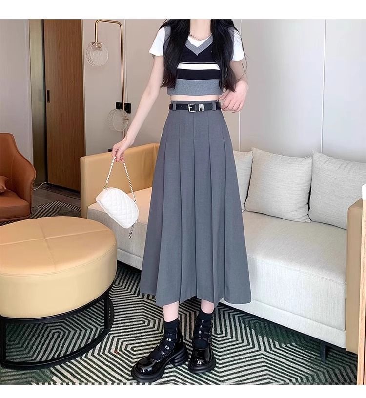 Pleated Midi A-Line Skirt with High Waist Plain Design