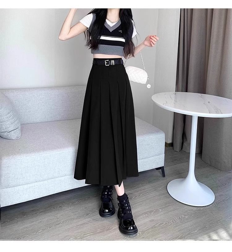 Pleated Midi A-Line Skirt with High Waist Plain Design
