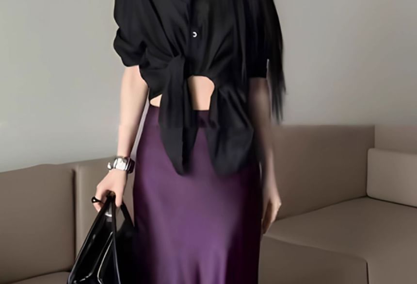Satin Maxi Fishtail Skirt with High Waist Plain Style