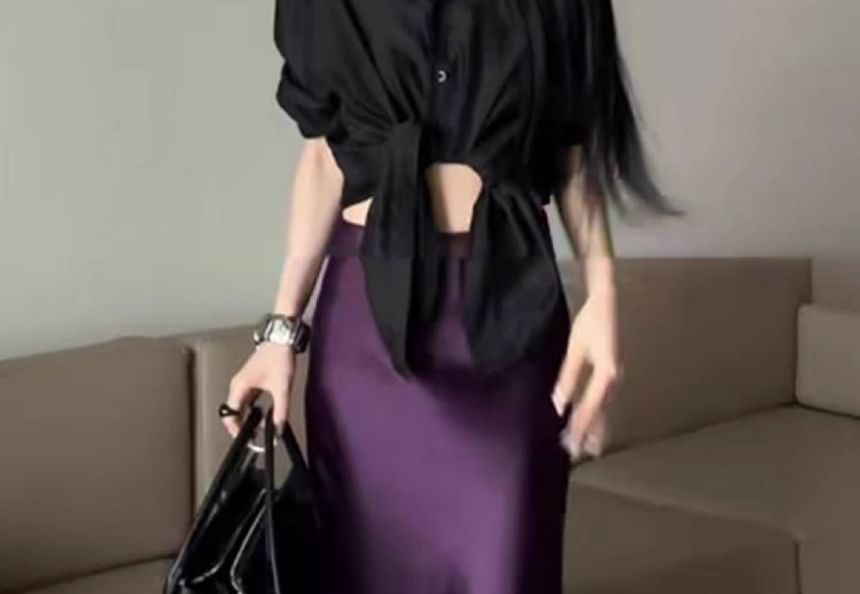 Satin Maxi Fishtail Skirt with High Waist Plain Style