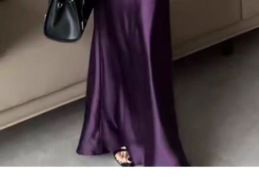 Satin Maxi Fishtail Skirt with High Waist Plain Style