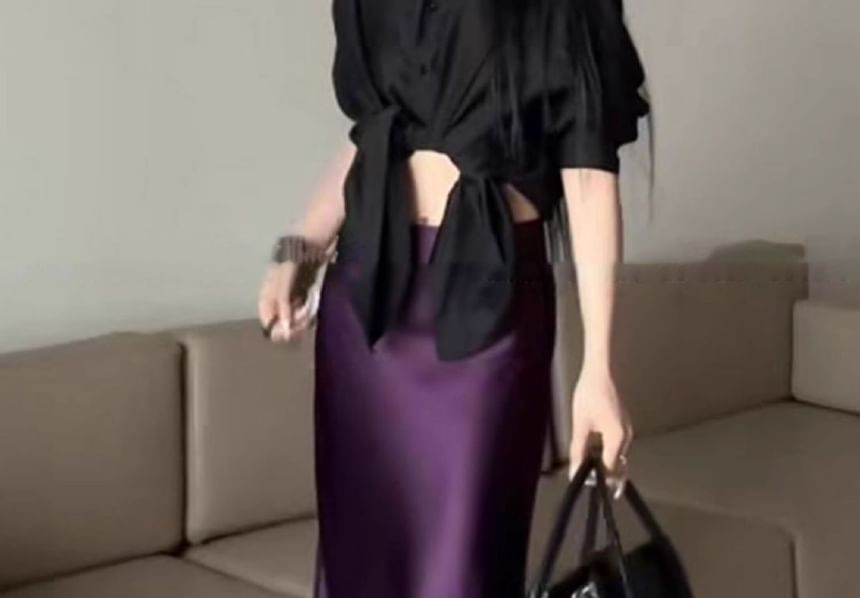 Satin Maxi Fishtail Skirt with High Waist Plain Style