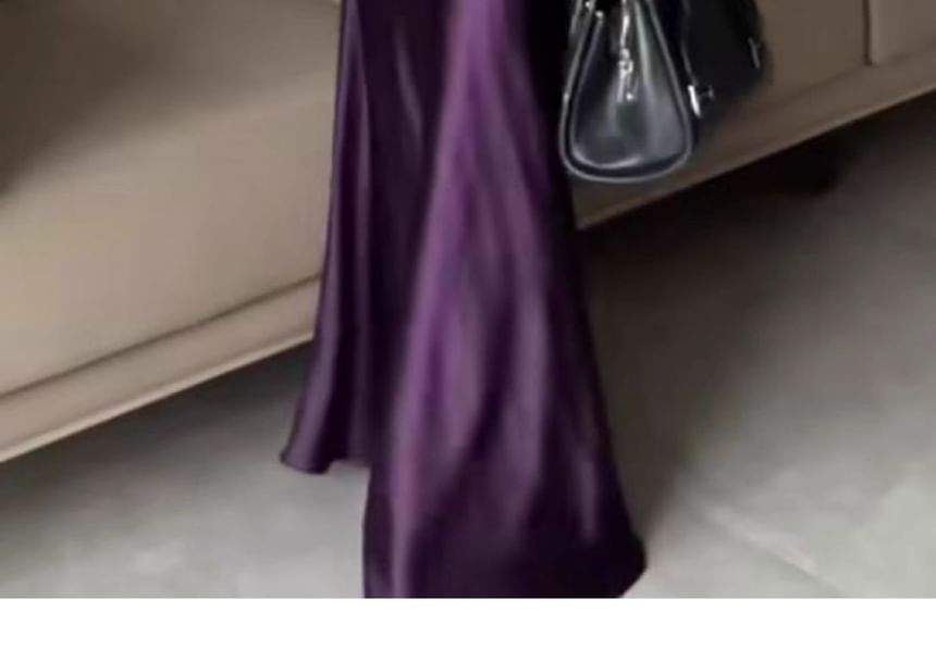Satin Maxi Fishtail Skirt with High Waist Plain Style