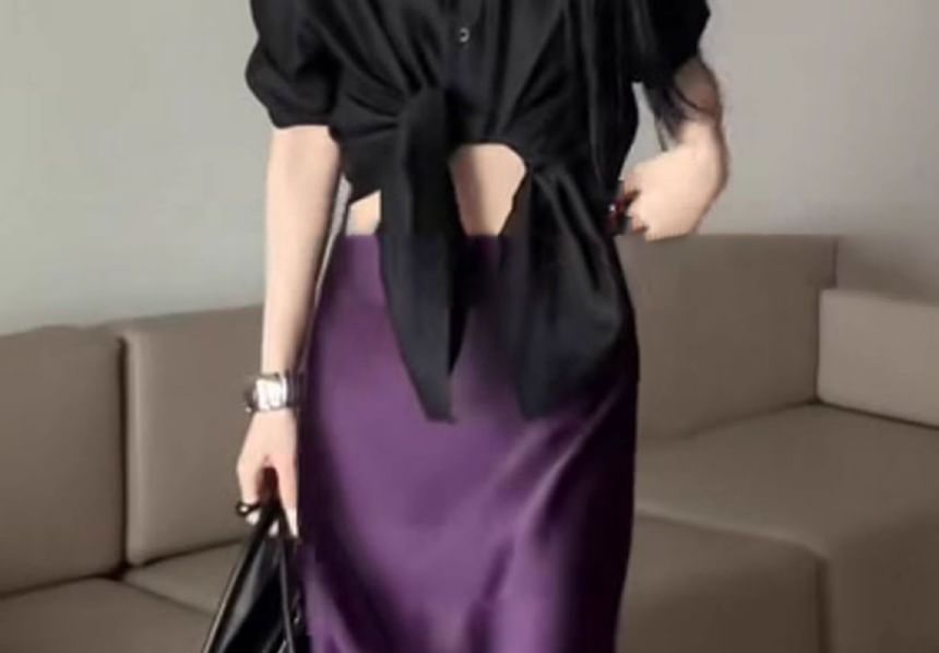 Satin Maxi Fishtail Skirt with High Waist Plain Style