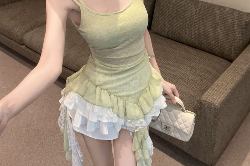 Scoop Neck Lace Camisole Top and Mini A-Line Skirt