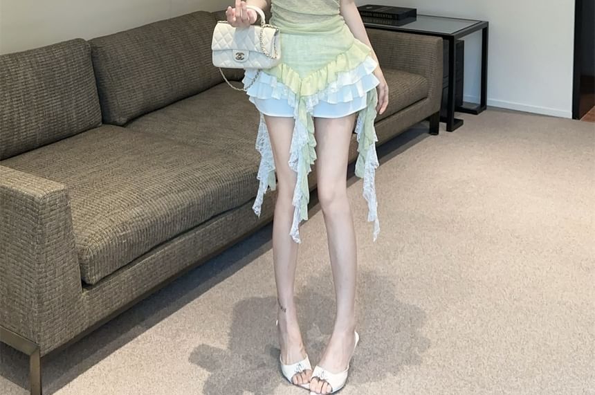 Scoop Neck Lace Camisole Top and Mini A-Line Skirt