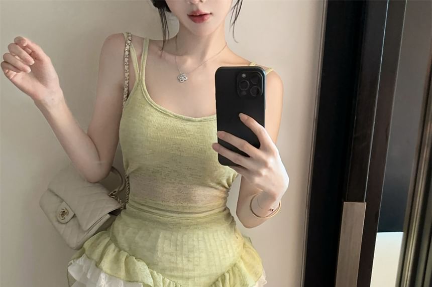 Scoop Neck Lace Camisole Top and Mini A-Line Skirt