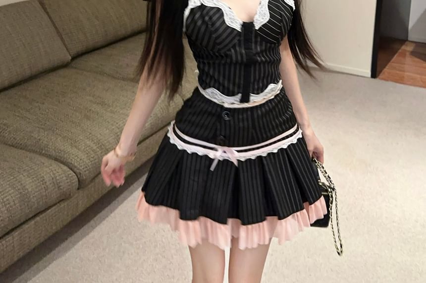 Striped Lace Trim Spaghetti Strap Cami and Pencil Skirt