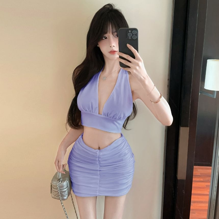 Halter Crop Tank Top and Ruched Mini Pencil Skirt Set