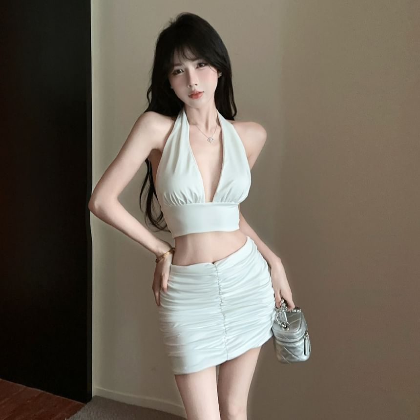 Halter Crop Tank Top and Ruched Mini Pencil Skirt Set