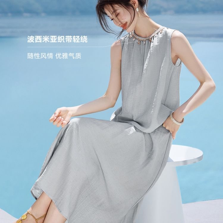Round Neck Sleeveless Blouse and Midi A-Line Skirt Set