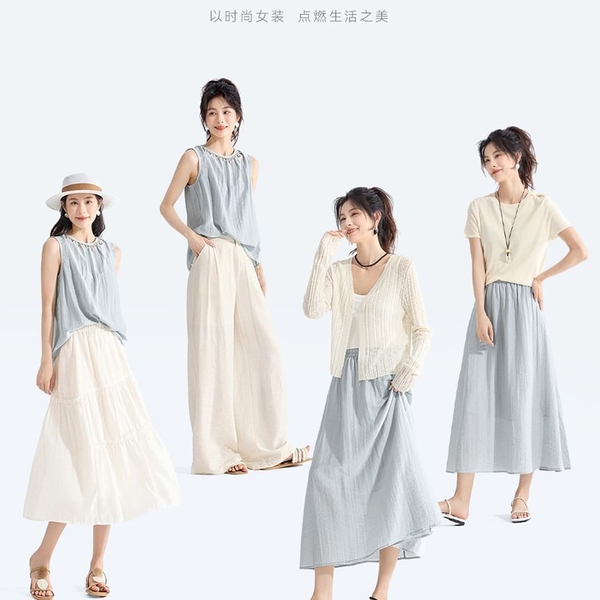 Round Neck Sleeveless Blouse and Midi A-Line Skirt Set