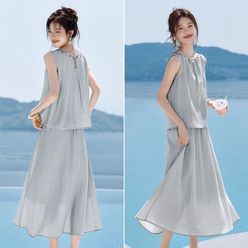 Round Neck Sleeveless Blouse and Midi A-Line Skirt Set