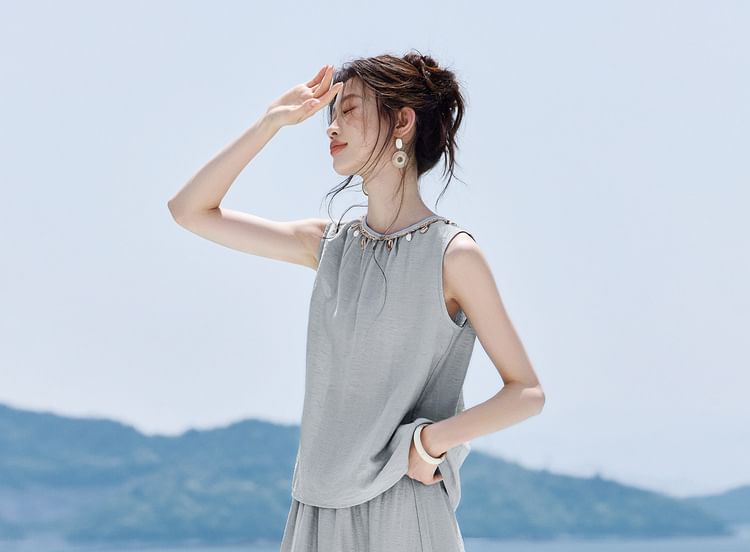 Round Neck Sleeveless Blouse and Midi A-Line Skirt Set