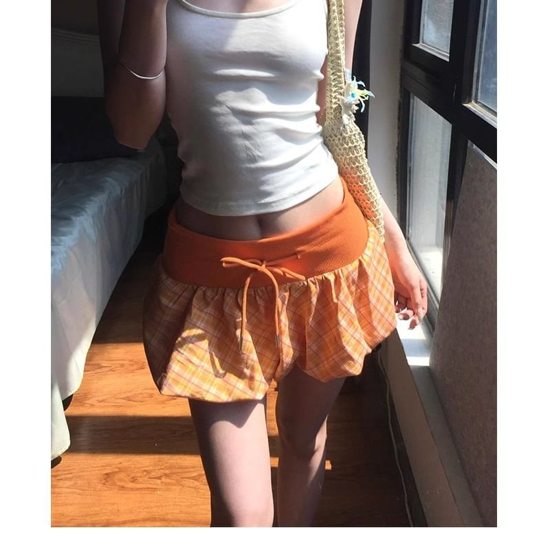 Strappy Crop Top and Drawstring Waist Plaid Mini Skirt