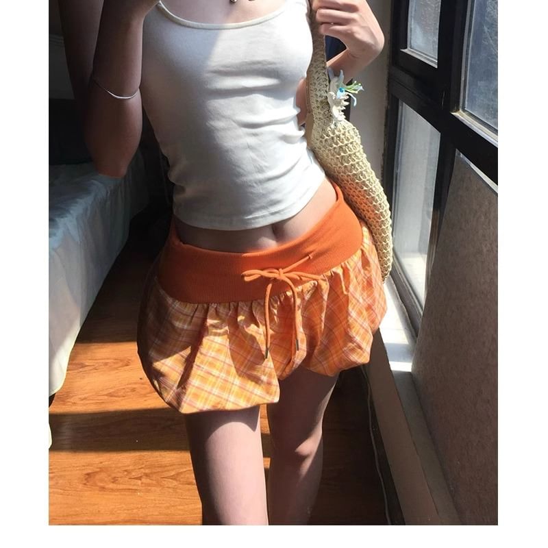 Strappy Crop Top and Drawstring Waist Plaid Mini Skirt