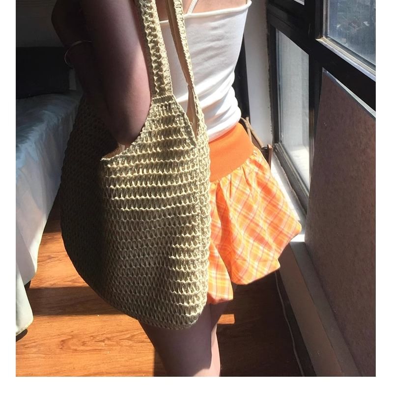 Strappy Crop Top and Drawstring Waist Plaid Mini Skirt