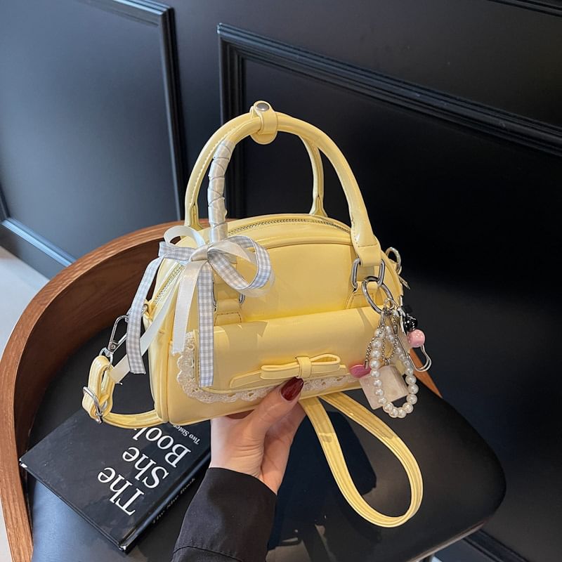 Bow Lace Trim Faux Leather Bowler Bag / Bag Charm / Set