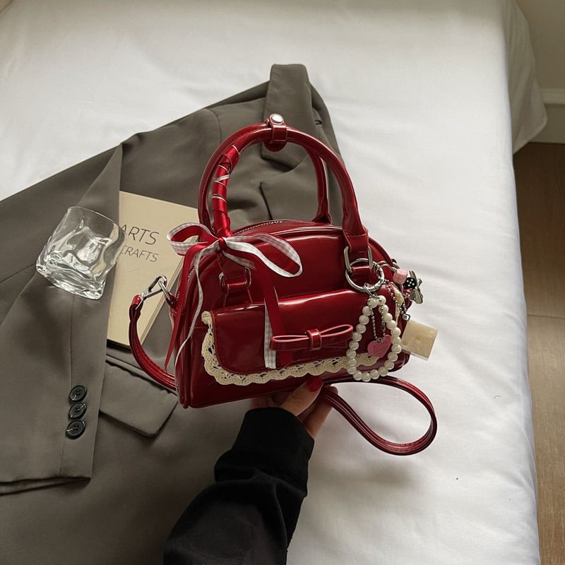 Bow Lace Trim Faux Leather Bowler Bag / Bag Charm / Set