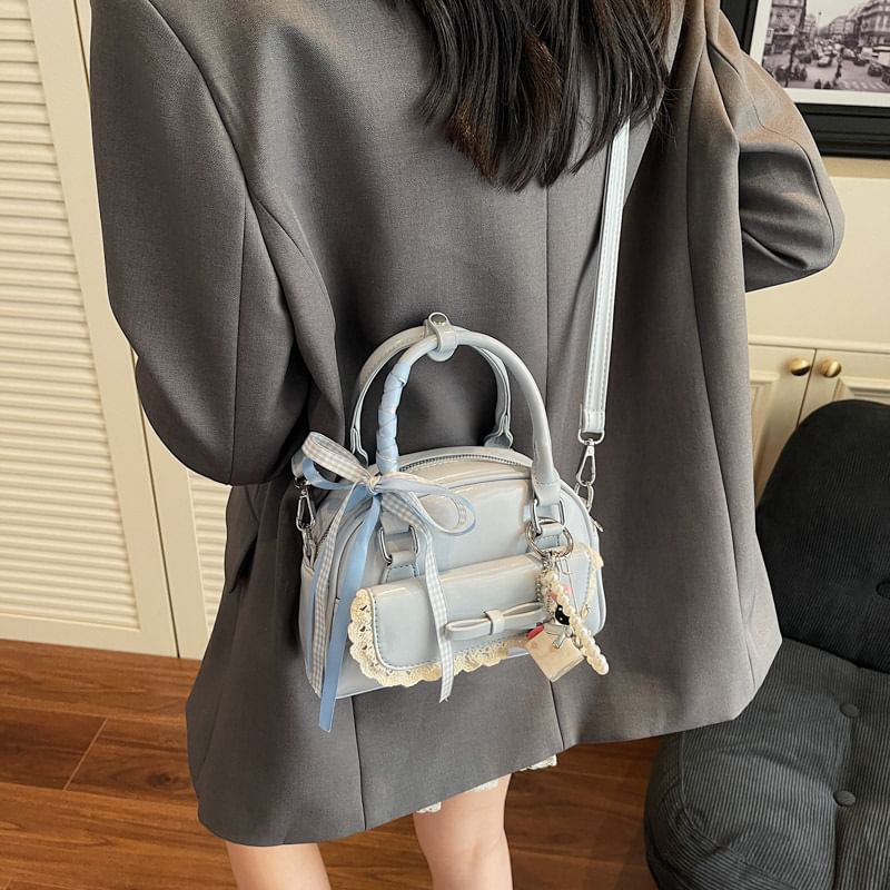 Bow Lace Trim Faux Leather Bowler Bag / Bag Charm / Set