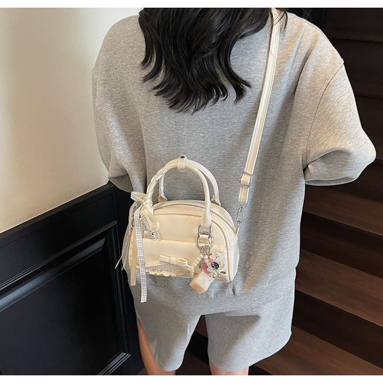 Bow Lace Trim Faux Leather Bowler Bag / Bag Charm / Set