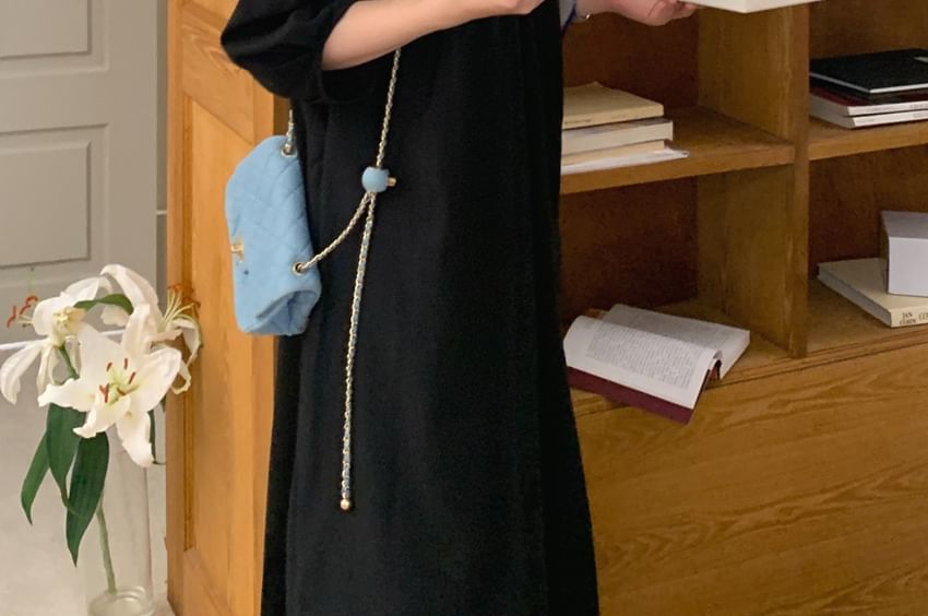 Black 3/4-Sleeve V-Neck Ruched Maxi Dress - Altfashion Shop