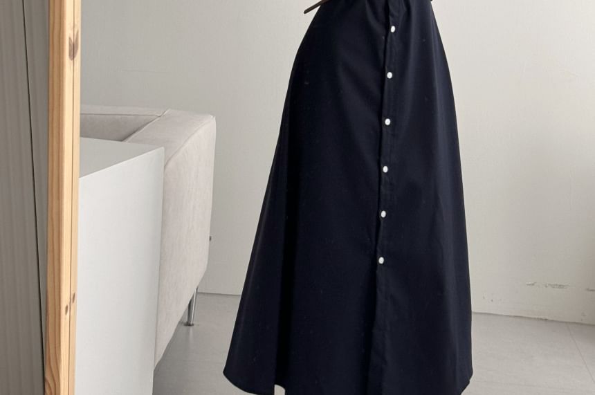 Black Cap-Sleeve Collared Button-Up Shirt Maxi Dress - Altfashion Shop