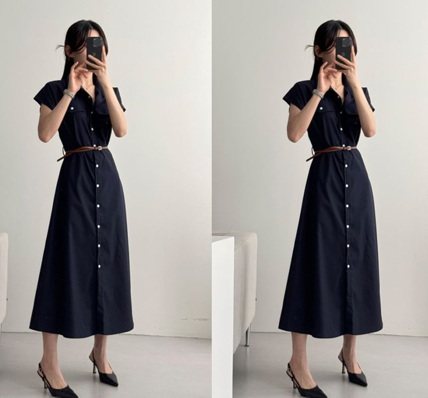 Black Cap-Sleeve Collared Button-Up Shirt Maxi Dress - Altfashion Shop
