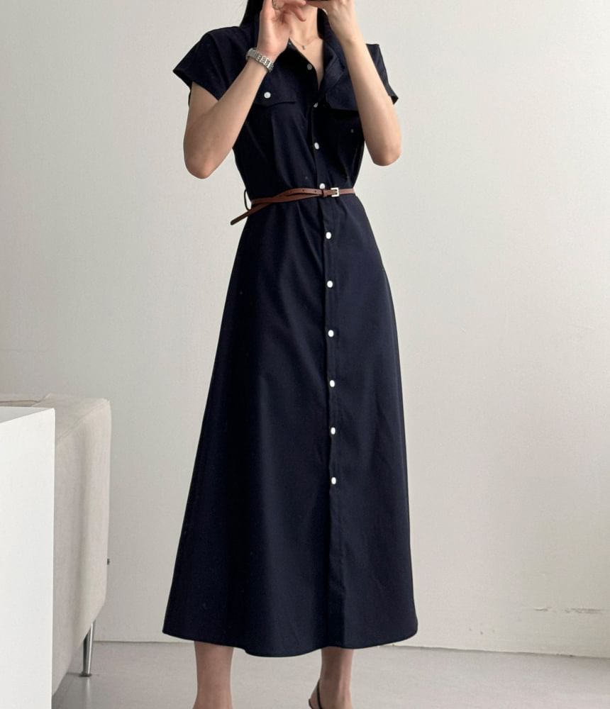 Black Cap-Sleeve Collared Button-Up Shirt Maxi Dress - Altfashion Shop