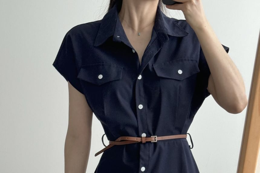 Black Cap-Sleeve Collared Button-Up Shirt Maxi Dress - Altfashion Shop