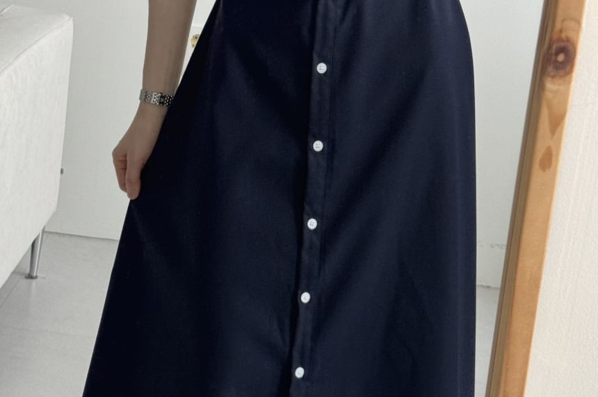 Black Cap-Sleeve Collared Button-Up Shirt Maxi Dress - Altfashion Shop