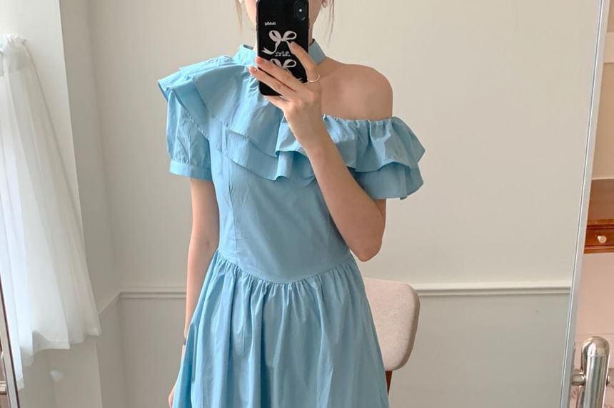 Black Cold Shoulder Short Sleeve Ruffle Maxi Dress - Altfashion Shop