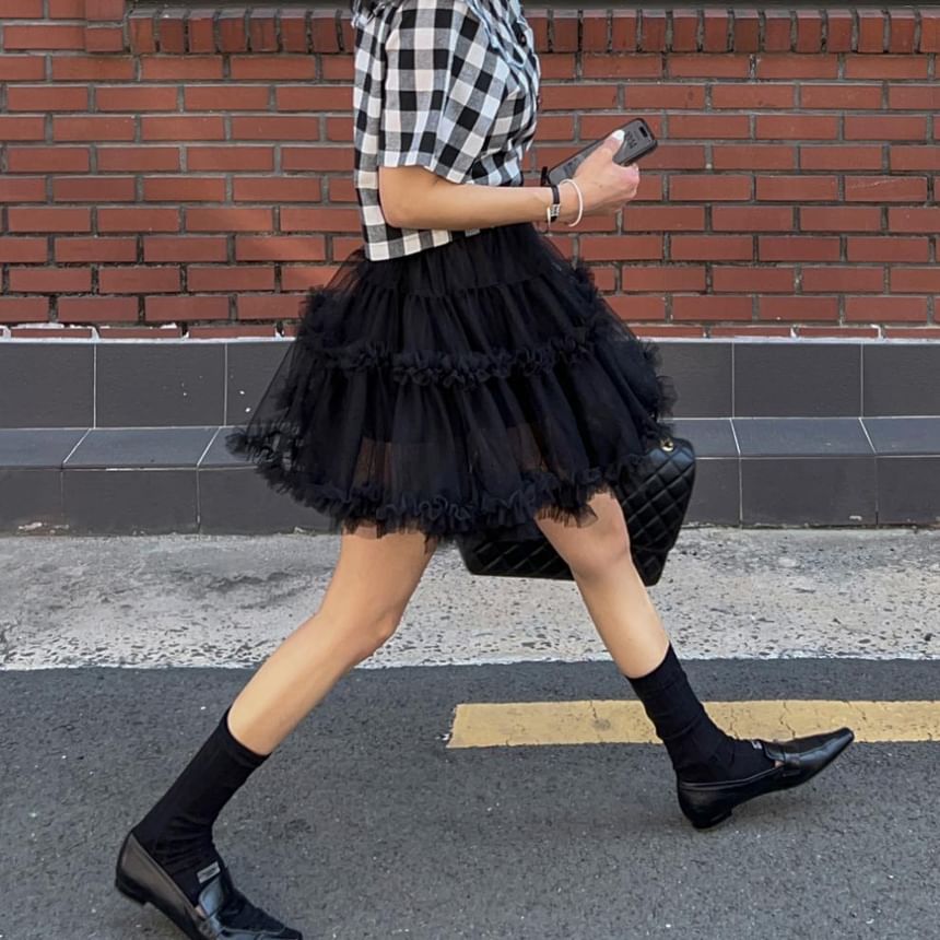 Sheer Ruffle Trim Mini A-Line Skirt with High Waist