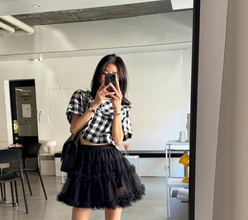 Sheer Ruffle Trim Mini A-Line Skirt with High Waist