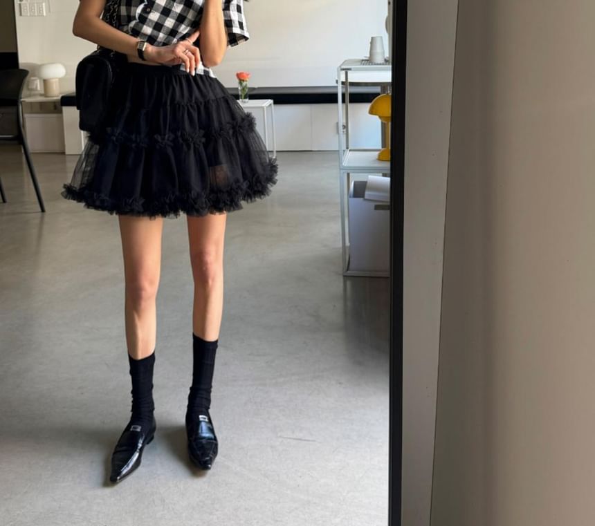 Sheer Ruffle Trim Mini A-Line Skirt with High Waist