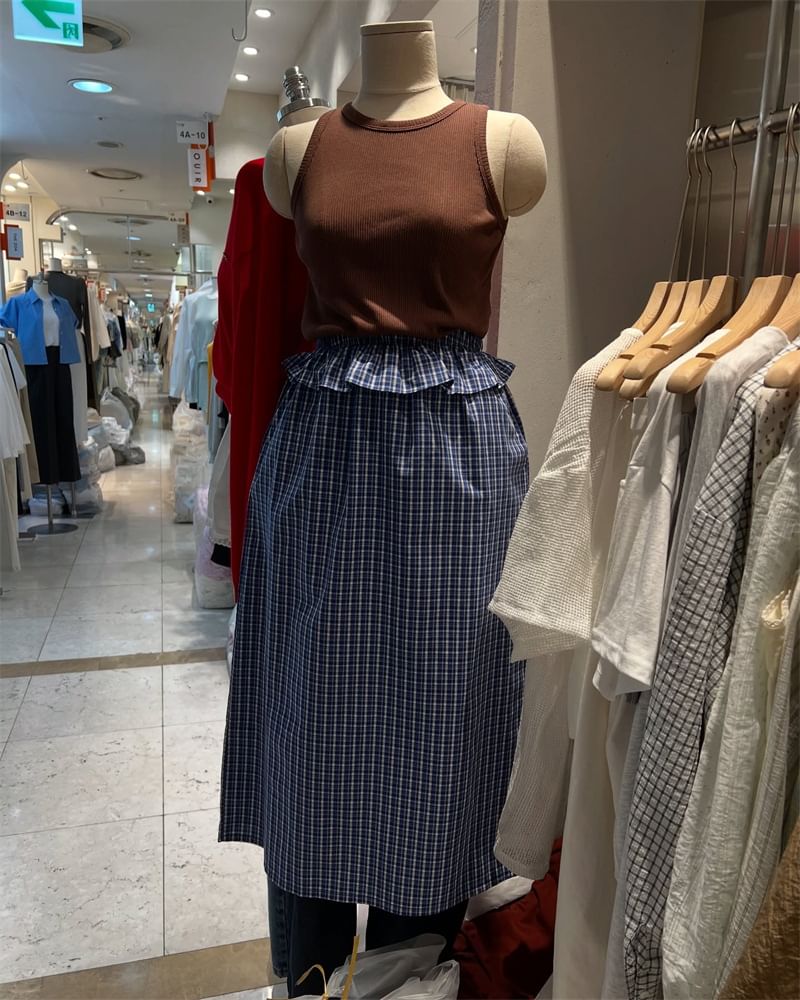 Plaid Ruffle Trim Midi A-Line Skirt with High Rise