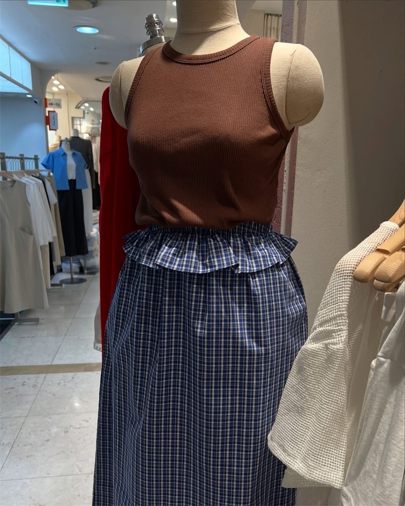 Plaid Ruffle Trim Midi A-Line Skirt with High Rise