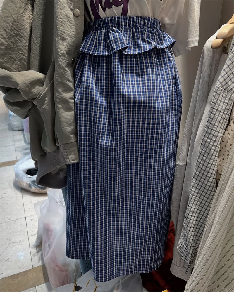 Plaid Ruffle Trim Midi A-Line Skirt with High Rise