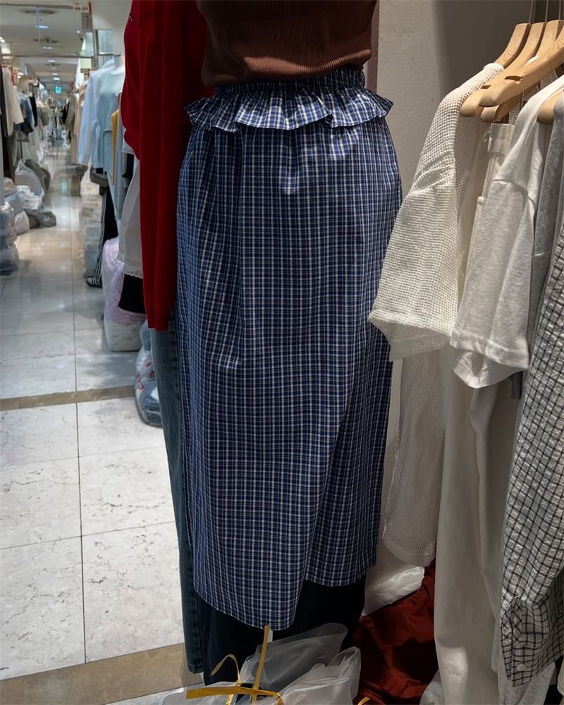 Plaid Ruffle Trim Midi A-Line Skirt with High Rise