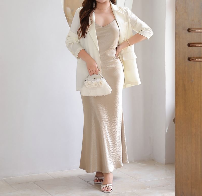 Black Notch Lapel Single Breasted Blazer with Satin Mermaid Dress - Altfashion Shop