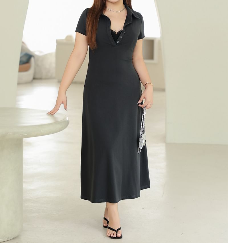 Black Short Sleeve Polo Maxi Dress - Altfashion Shop