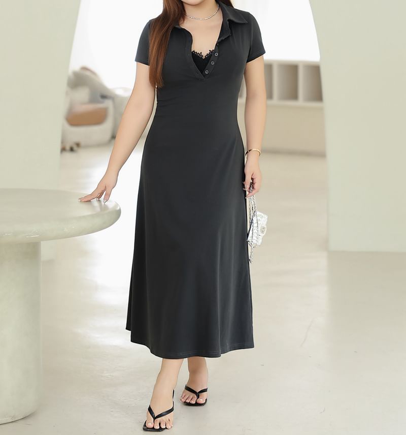 Black Short Sleeve Polo Maxi Dress - Altfashion Shop