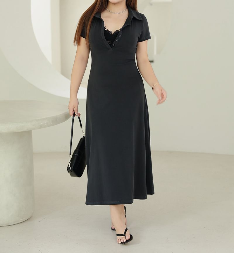 Black Short Sleeve Polo Maxi Dress - Altfashion Shop