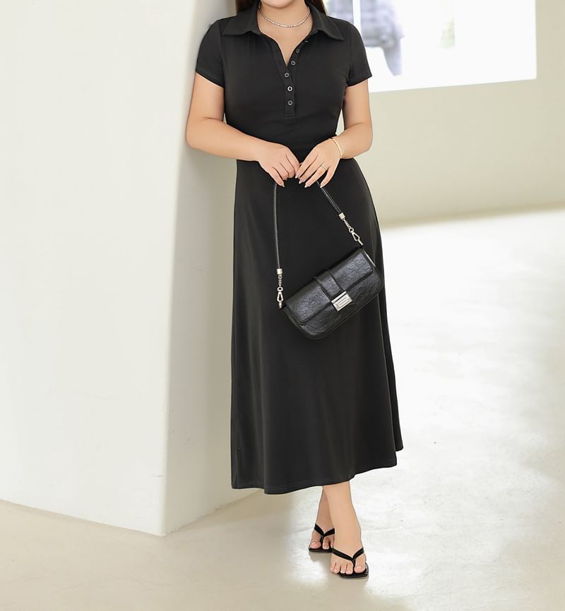 Black Short Sleeve Polo Maxi Dress - Altfashion Shop
