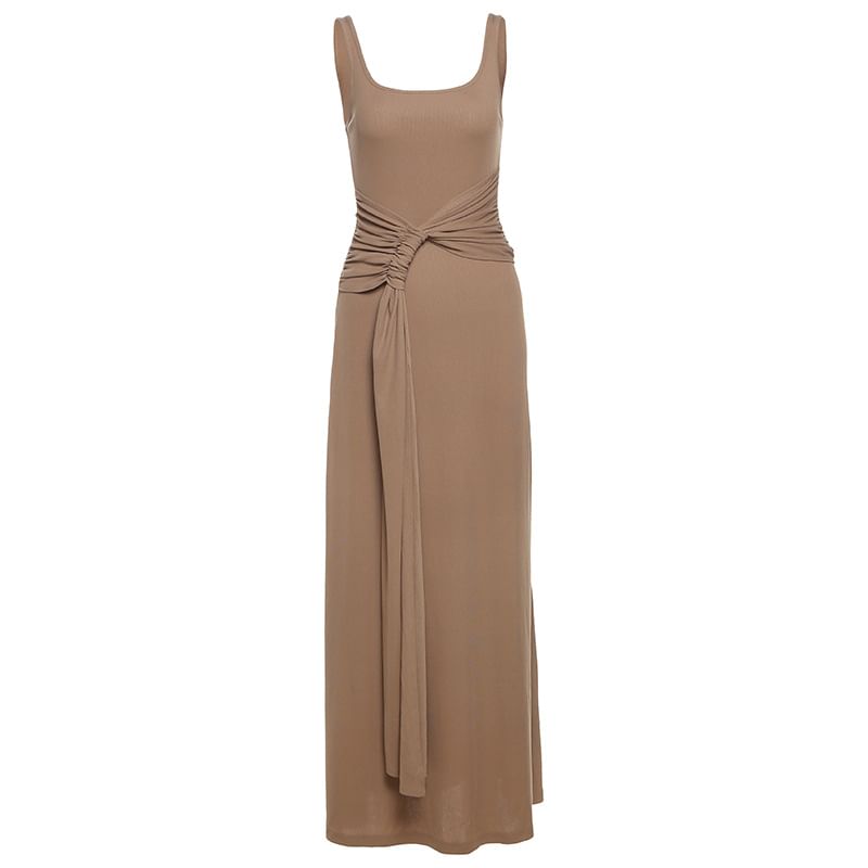 Black Sleeveless Square Neck Tie-Waist Bodycon Maxi Dress - Altfashion Shop